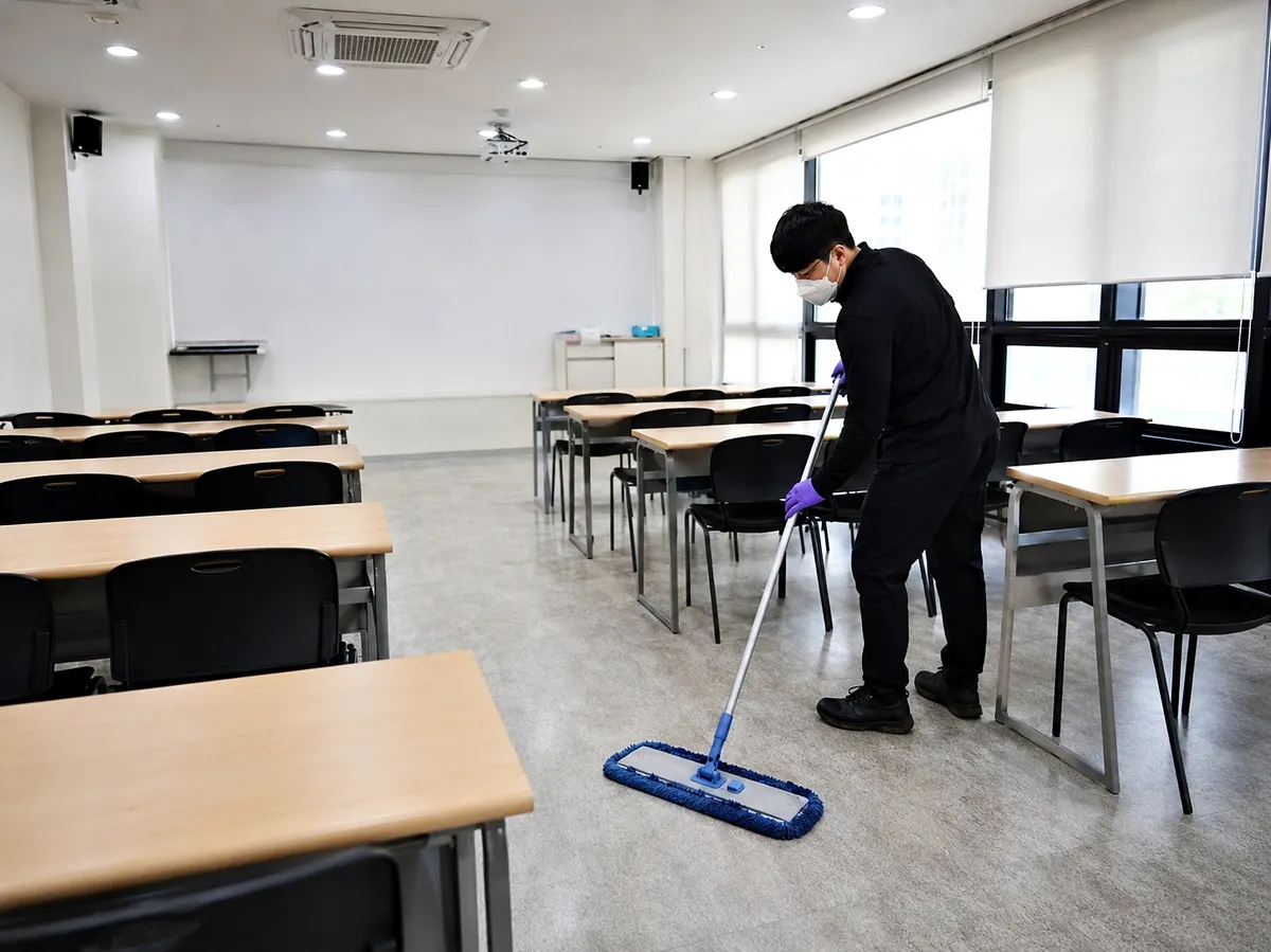 학습 공간 바닥을 관리하는 청소 작업