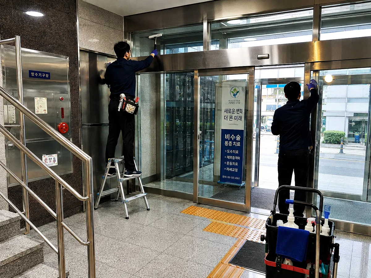 건물 출입구 주변을 청소하는 작업 모습
